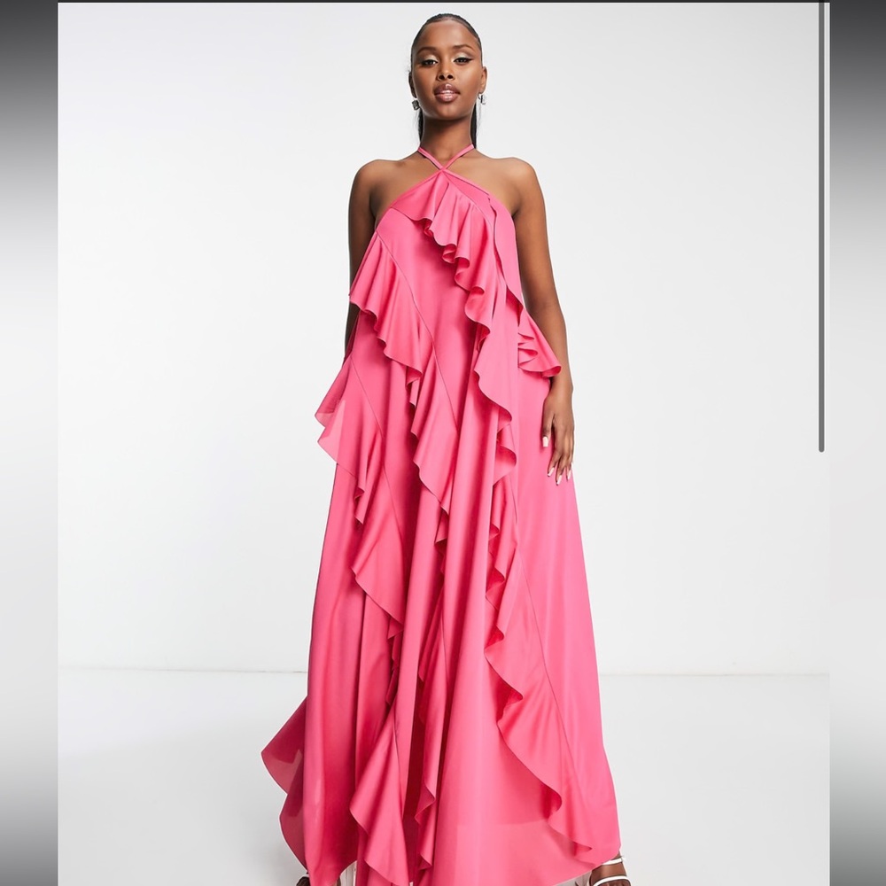 ASOS DESIGN halter tiered ruffle maxi dress in pink - LPINK